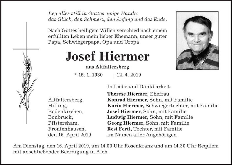 Traueranzeige Josef Hiermer