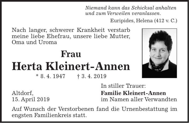 Traueranzeige Herta Kleinert-Annen