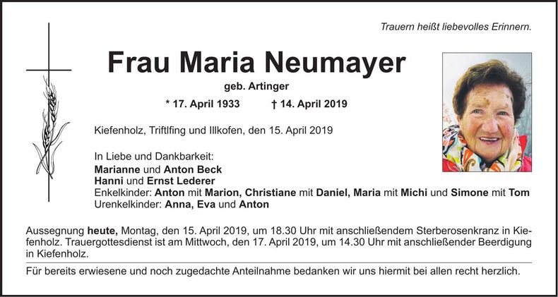 Traueranzeige Maria Neumayer