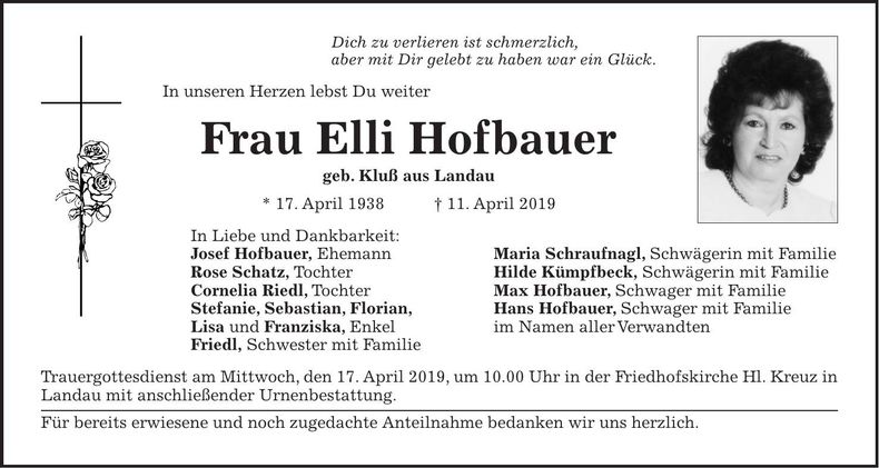 Traueranzeige Elli Hofbauer