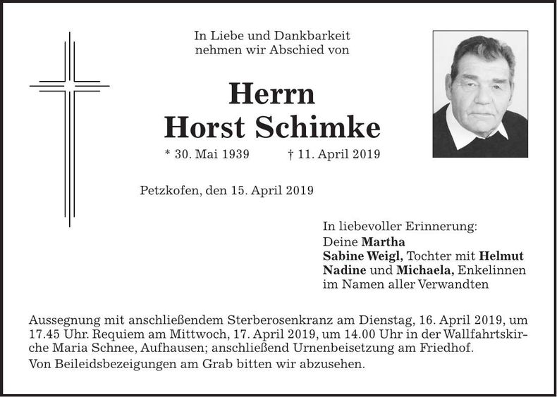 Traueranzeige Horst Schimke