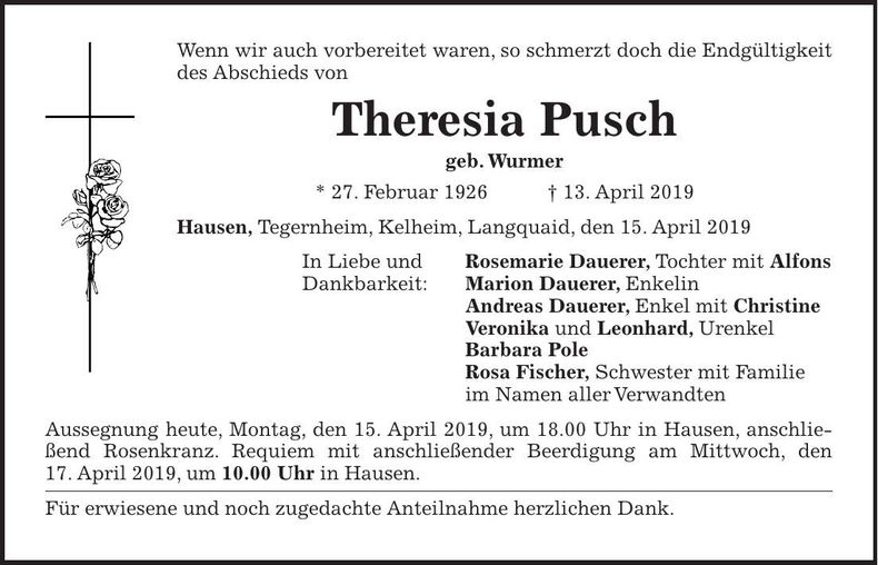 Traueranzeige Theresia Pusch