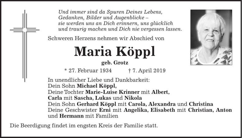 Traueranzeige Maria Köppl