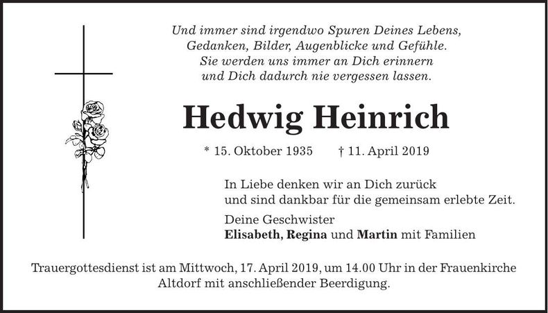 Traueranzeige Hedwig Heinrich