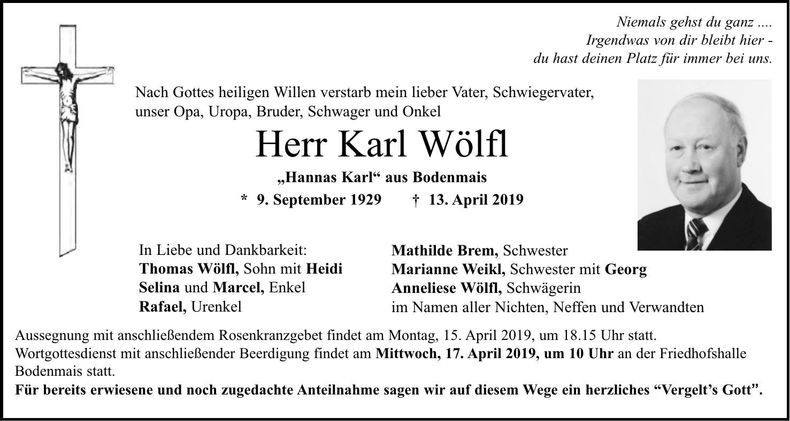 Traueranzeige Karl Wölfl