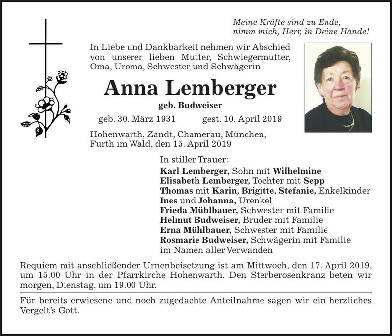 Traueranzeige Anna Lemberger
