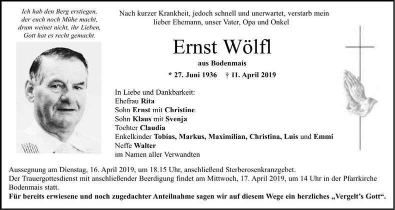 Traueranzeige Ernst Wölfl