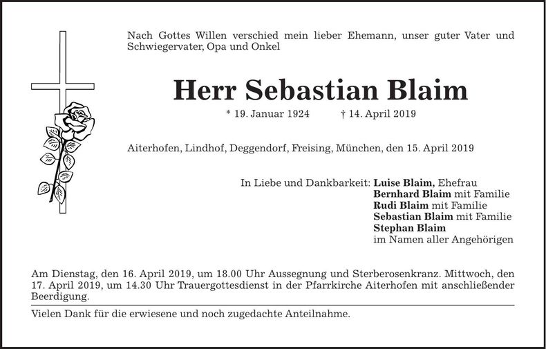 Traueranzeige Sebastian Blaim