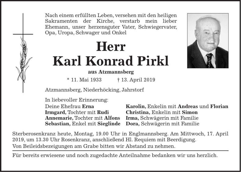 Traueranzeige Karl Konrad Pirkl