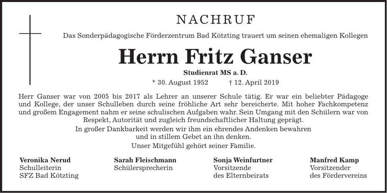 Traueranzeige Fritz Ganser