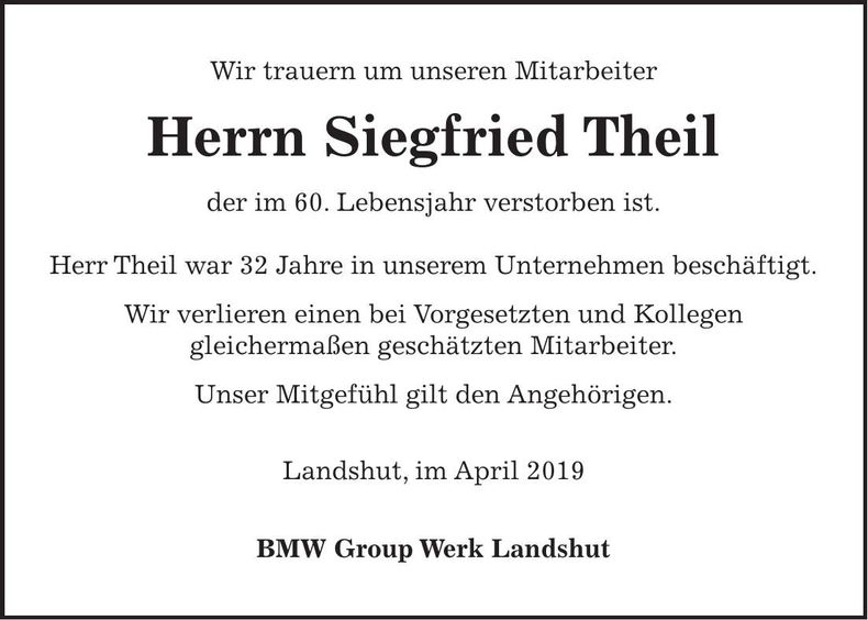 Traueranzeige Siegfried Theil