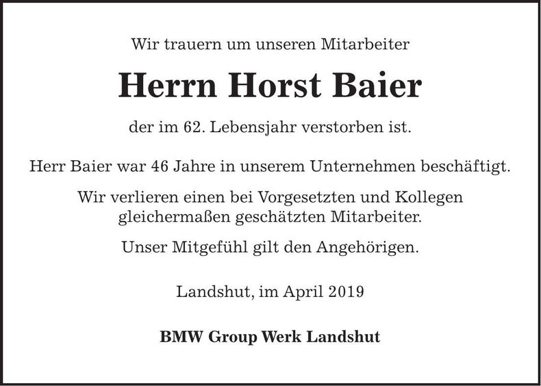 Traueranzeige Horst Baier