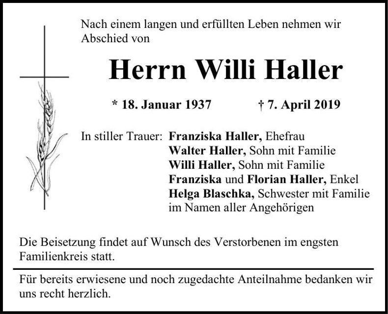 Traueranzeige Willi Haller