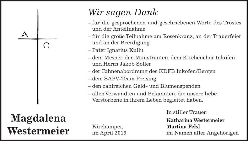 Traueranzeige Magdalena Westermeier