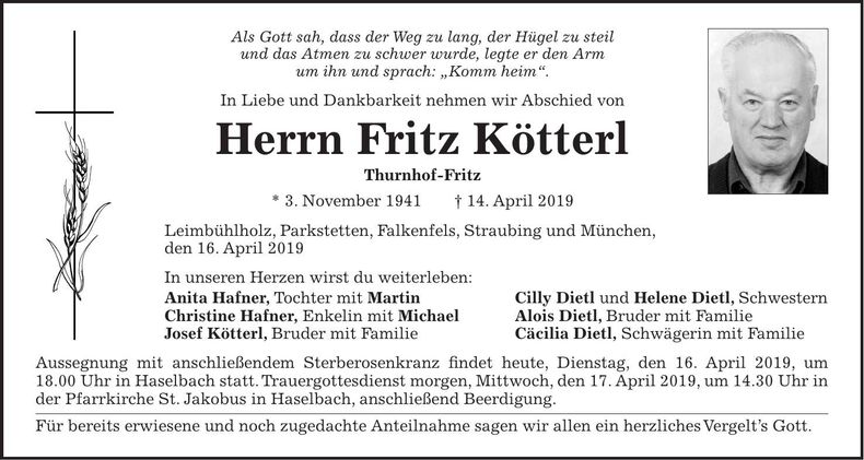 Traueranzeige Fritz Kötterl