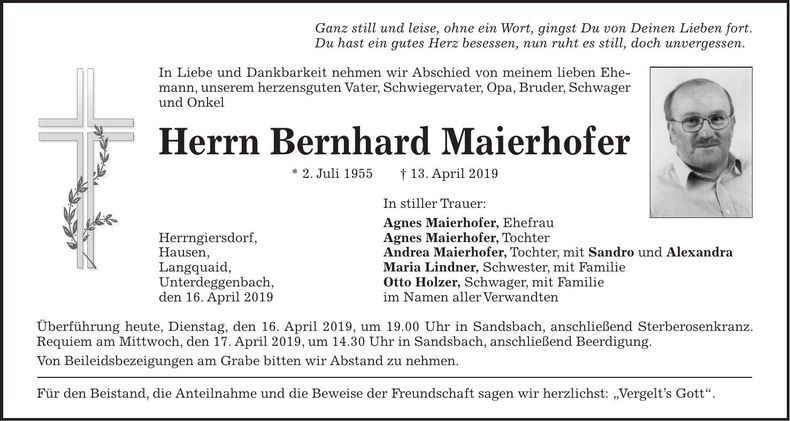 Traueranzeige Bernhard Maierhofer