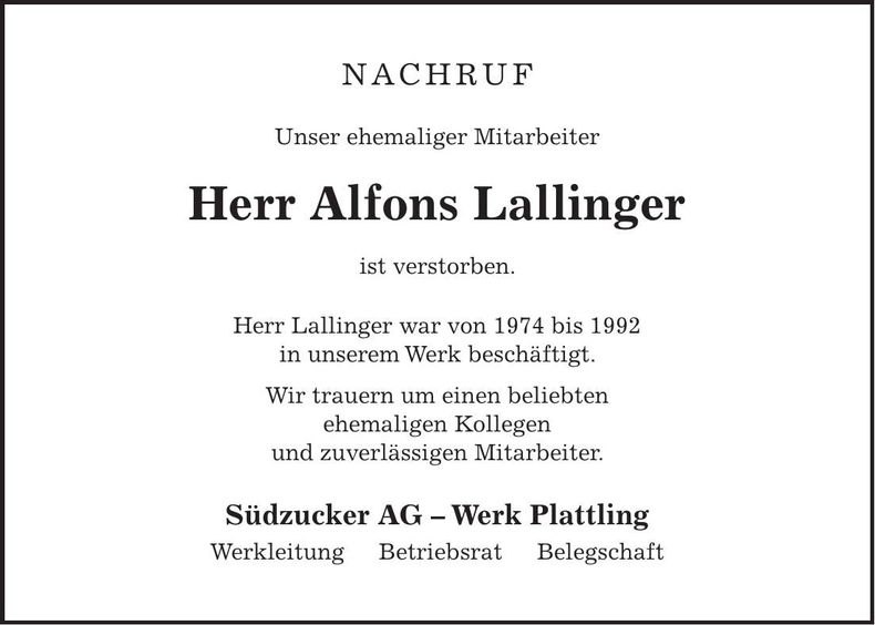 Traueranzeige Alfons Lallinger