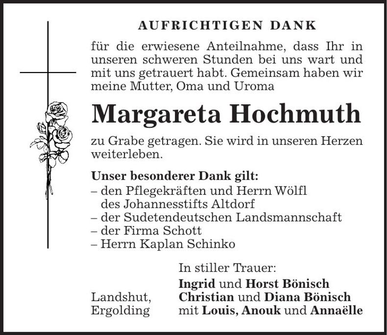 Traueranzeige Margareta Hochmuth