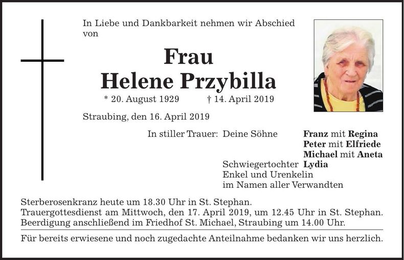 Traueranzeige Helene Przybilla