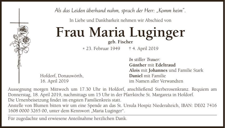 Traueranzeige Maria Luginger