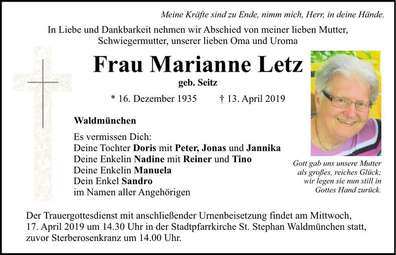 Traueranzeige Marianne Letz