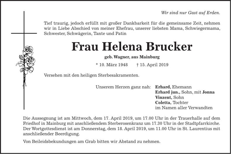 Traueranzeige Helena Brucker