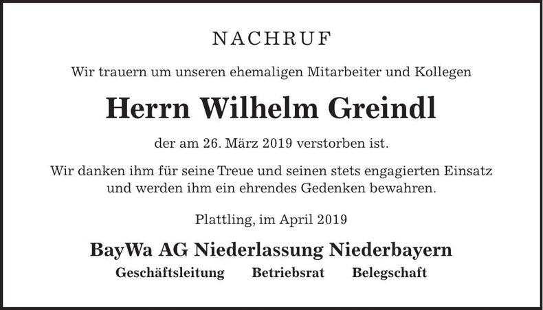 Traueranzeige Wilhelm Greindl