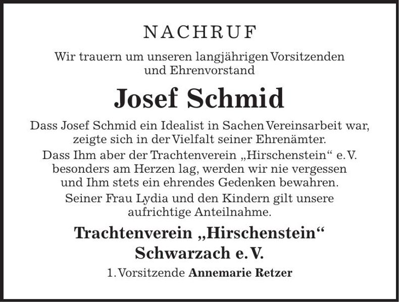 Traueranzeige Josef Schmid