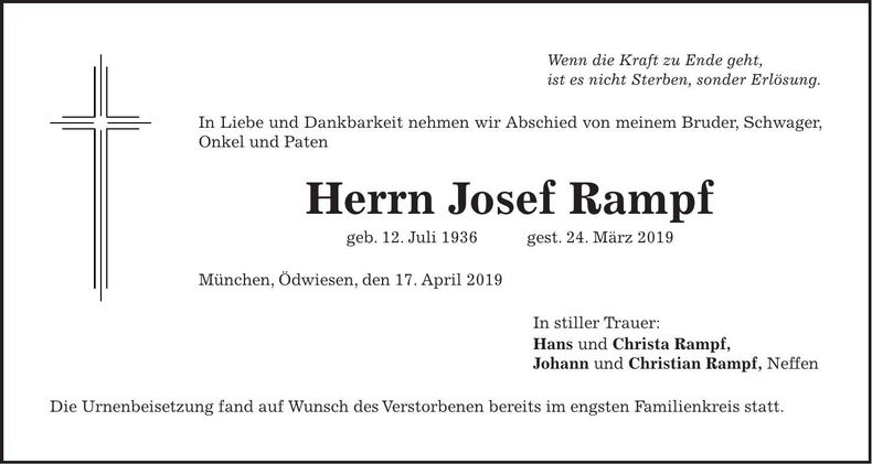 Traueranzeige Josef Rampf