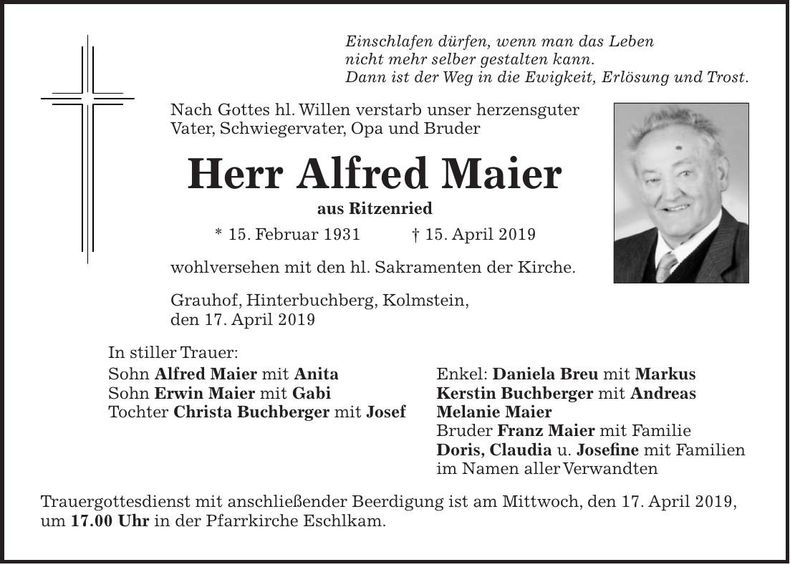Traueranzeige Alfred Maier