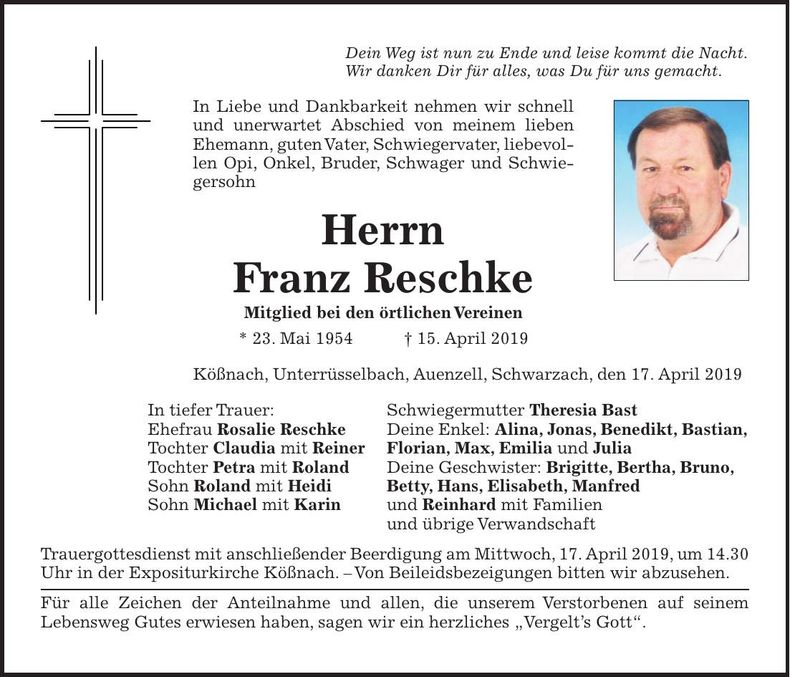 Traueranzeige Franz Reschke