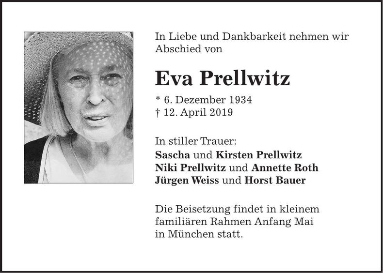 Traueranzeige Eva Prellwitz