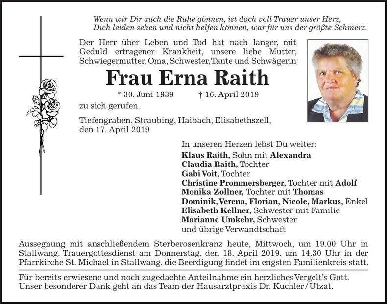 Traueranzeige Erna Raith