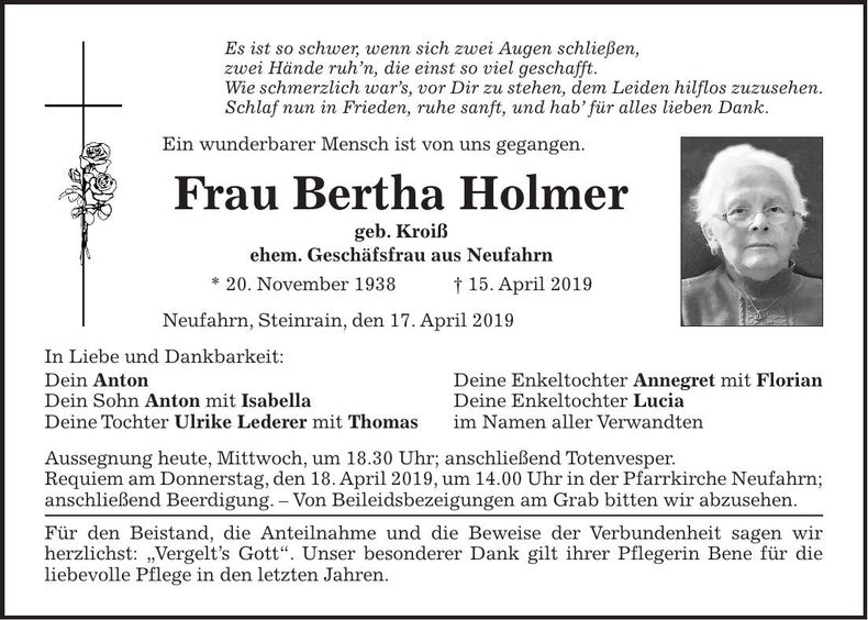 Traueranzeige Bertha Holmer