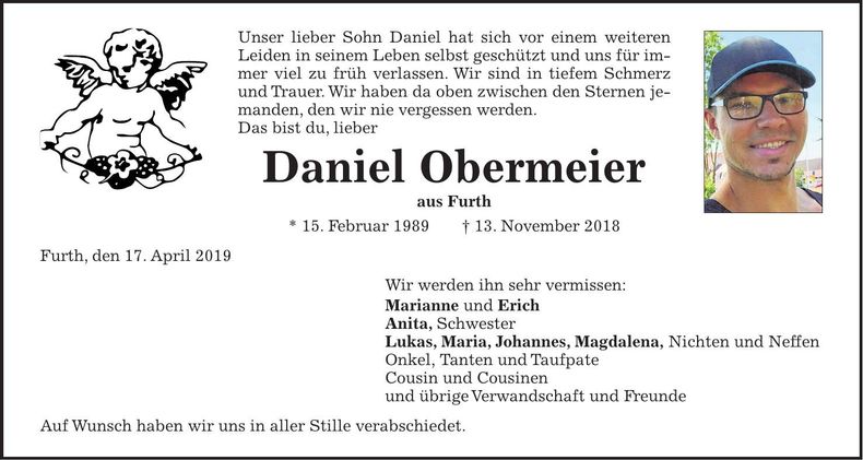 Traueranzeige Daniel Obermeier