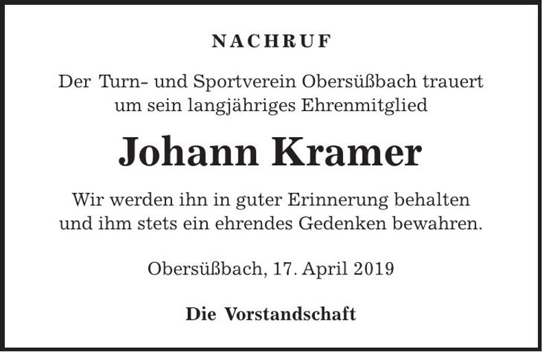 Traueranzeige Johann Kramer