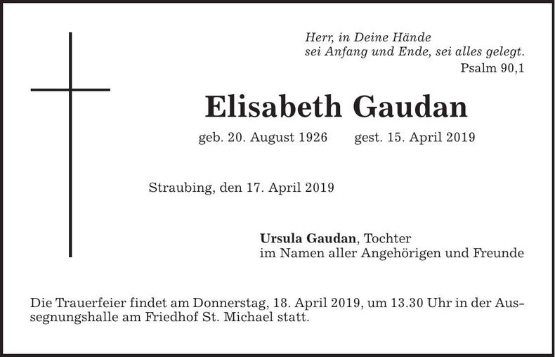 Traueranzeige Elisabeth Gaudan