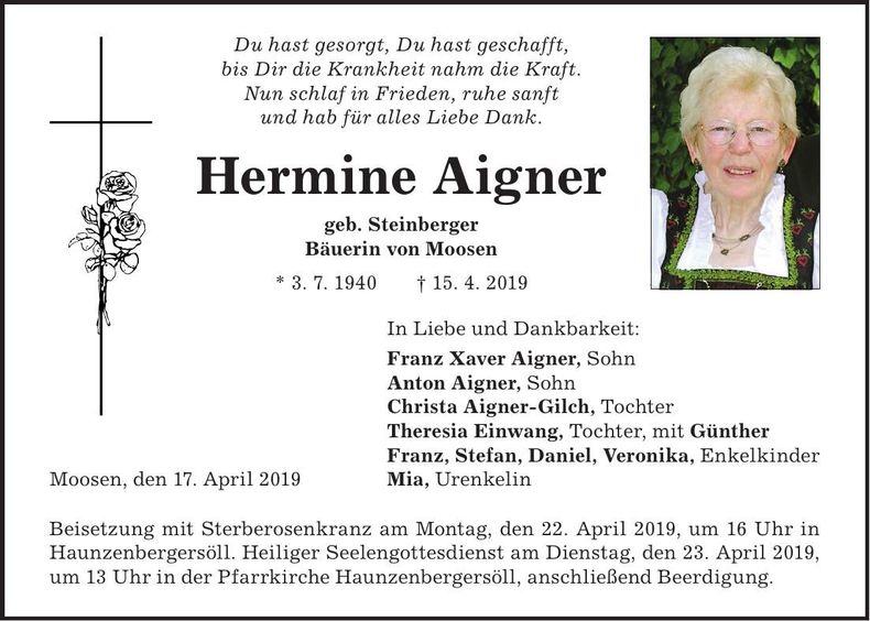 Traueranzeige Hermine Aigner