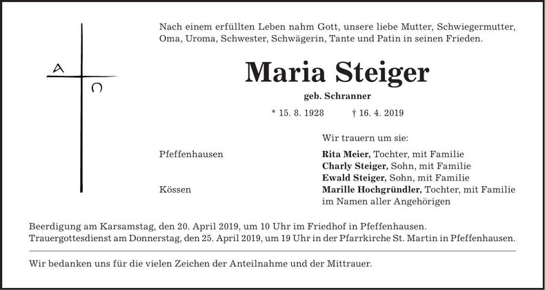 Traueranzeige Maria Steiger