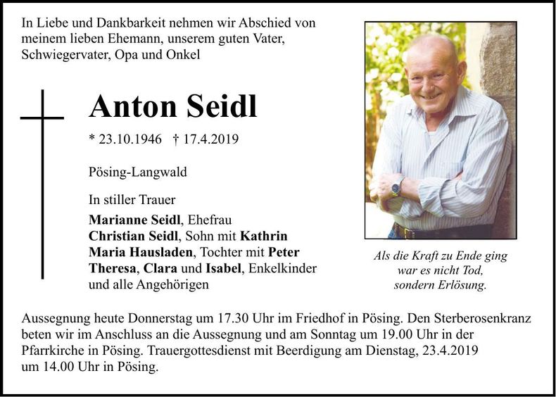 Traueranzeige Anton Seidl
