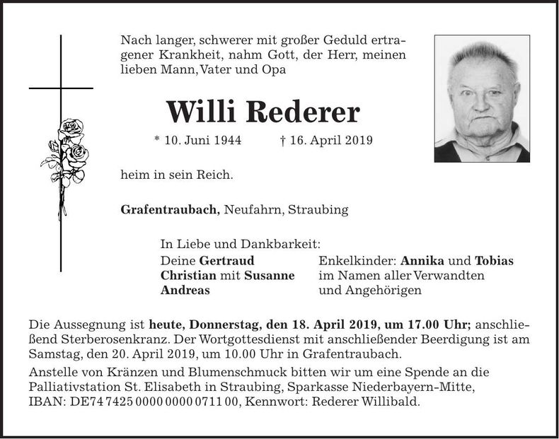 Traueranzeige Willi Rederer