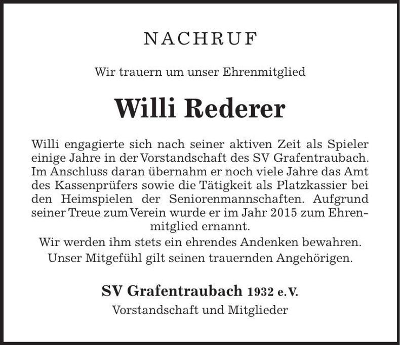 Traueranzeige Willi Rederer