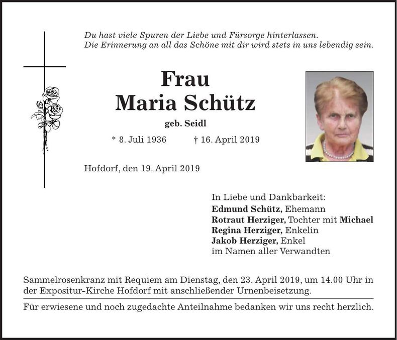 Traueranzeige Maria Schütz