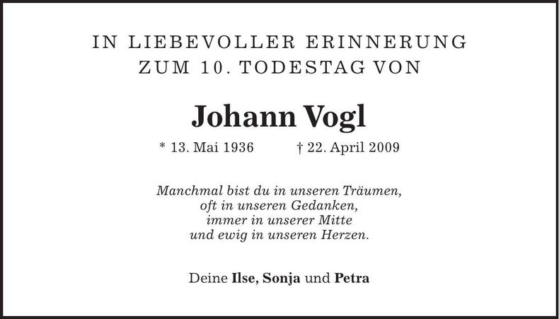 Traueranzeige Johann Vogl