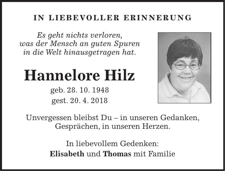 Traueranzeige Hannelore Hilz