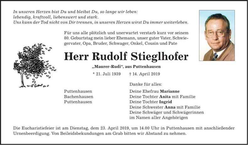 Traueranzeige Rudolf Stieglhofer