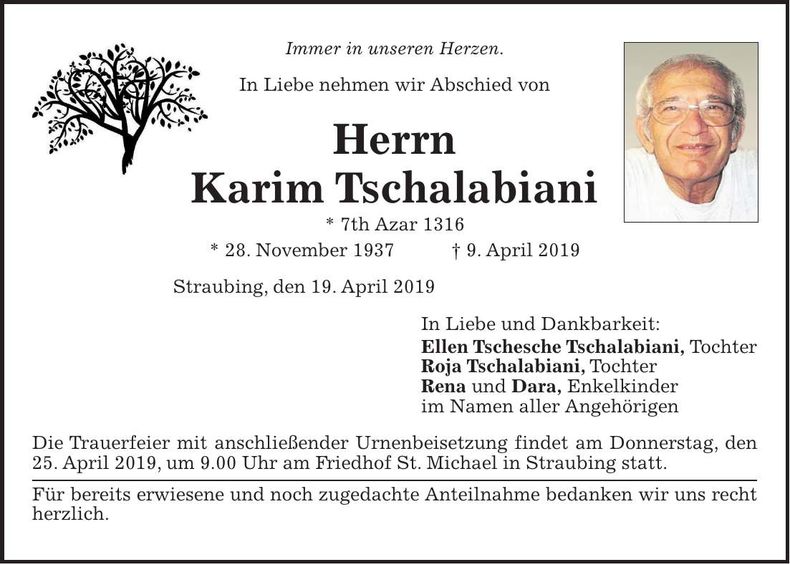 Traueranzeige Karim Tschalabiani