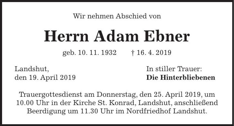 Traueranzeige Adam Ebner