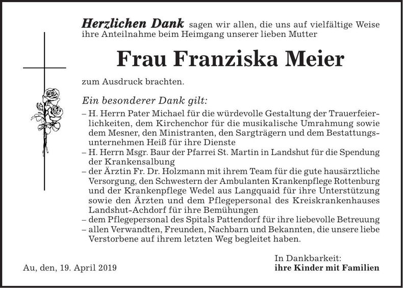 Traueranzeige Franziska Meier