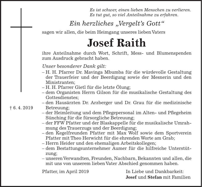 Traueranzeige Josef Raith